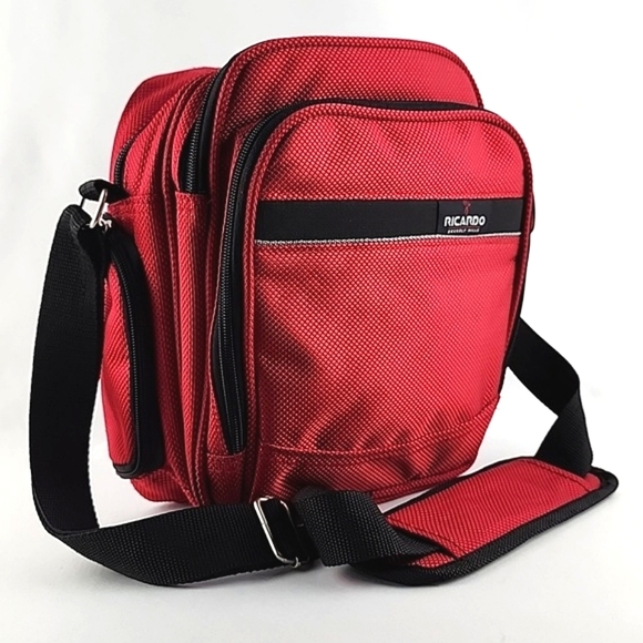 Ricardo Crossbody Bag Red Black Multi  Compartments Adjustable Strap 10" x 9" - Picture 2 of 14